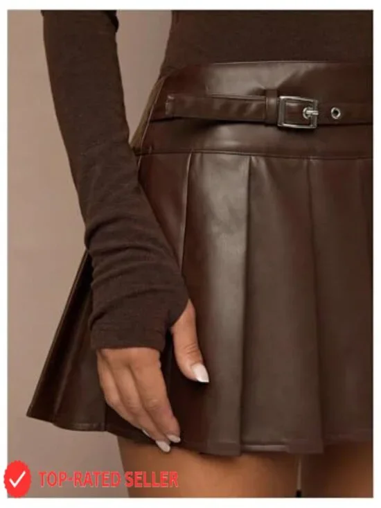 Pleated Leather Skirt Flared Buckle Belted Y2K A Line Mini Skirts Chic Edgy - Picture 4 of 5
